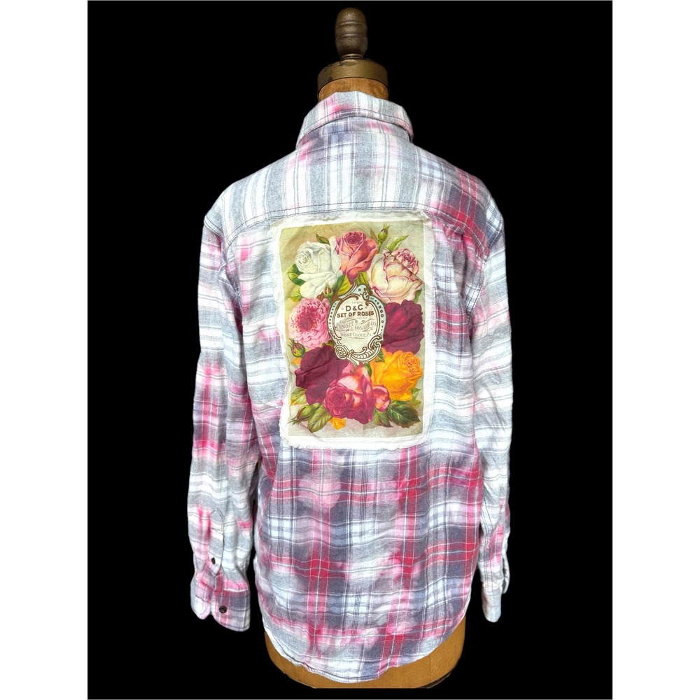Upcycled Floral Flannel Shirt Small | Cottagecore Rose Patch Soft Plaid - Picture 2 of 8